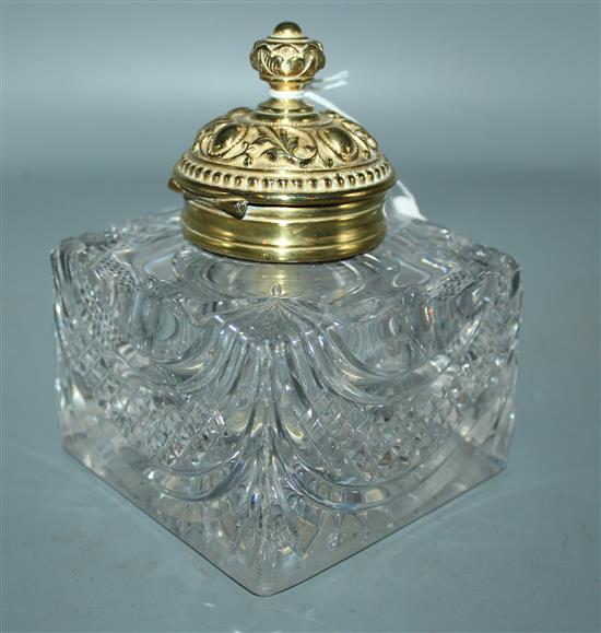Victorian embossed brass and cut glass ink pot